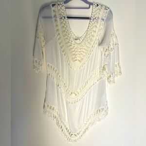 Cream Boho Crochet/Gauze swim cover up